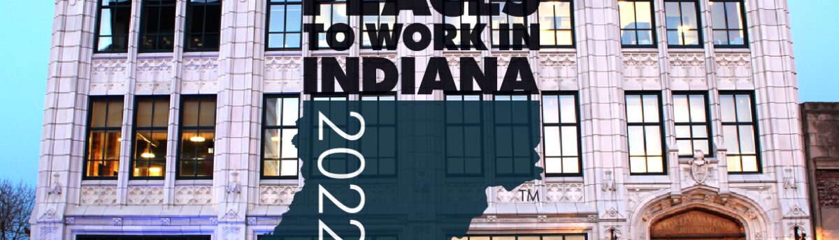 Exterior shot of Buckingham Headquarters with "Best Places to Work in Indiana 2022" logo over the center of the image