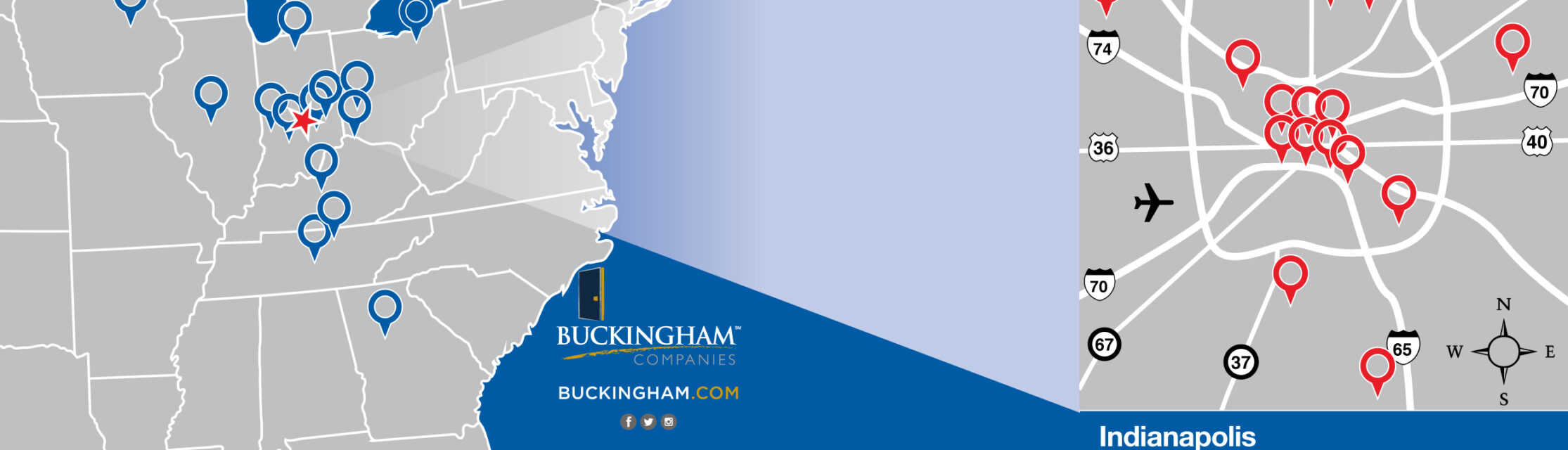 Map showcasing all the Buckingham Foundation volunteer locations