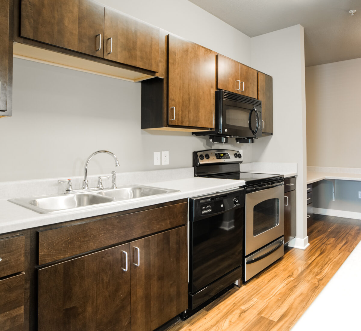 Model kitchen at The Cole apartments in Columbus, Indiana
