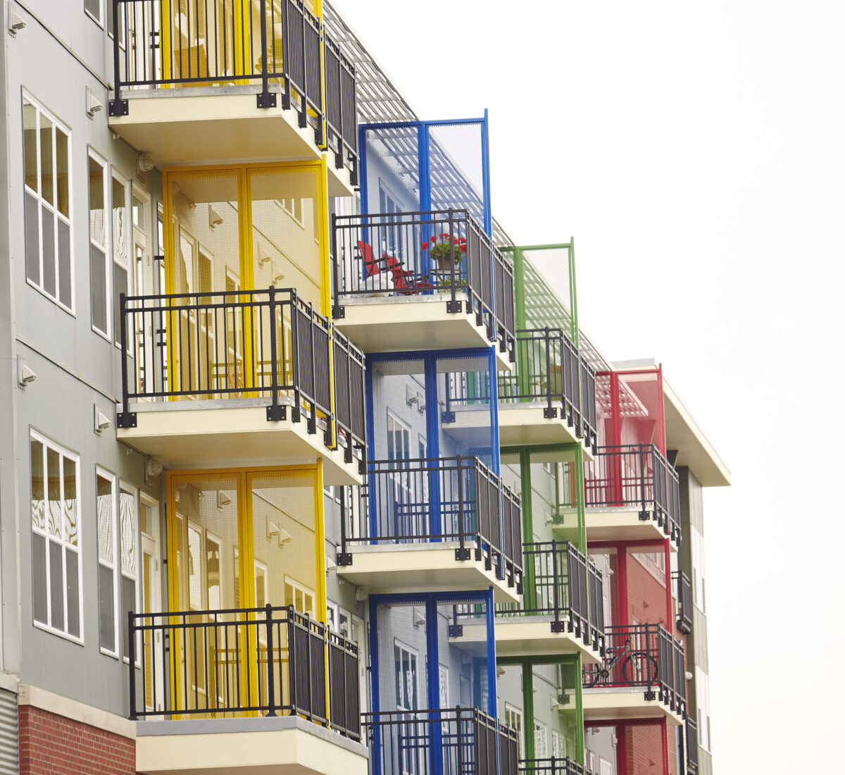 Exterior photo of balconies at The Cole apartments in Columbus, Indiana