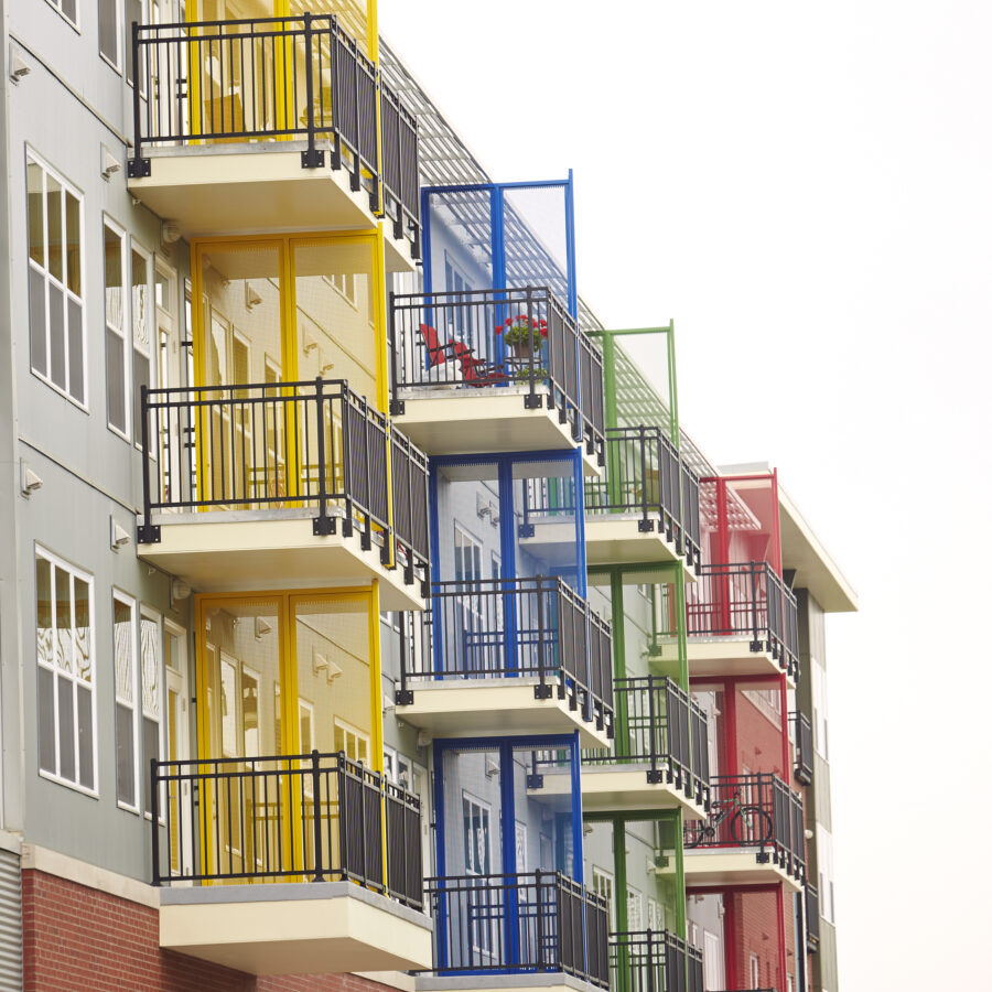 Exterior photo of balconies at The Cole apartments in Columbus, Indiana
